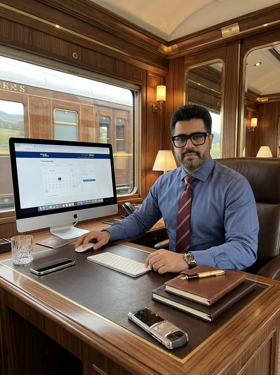 Shivam aboard a luxury rail carriage