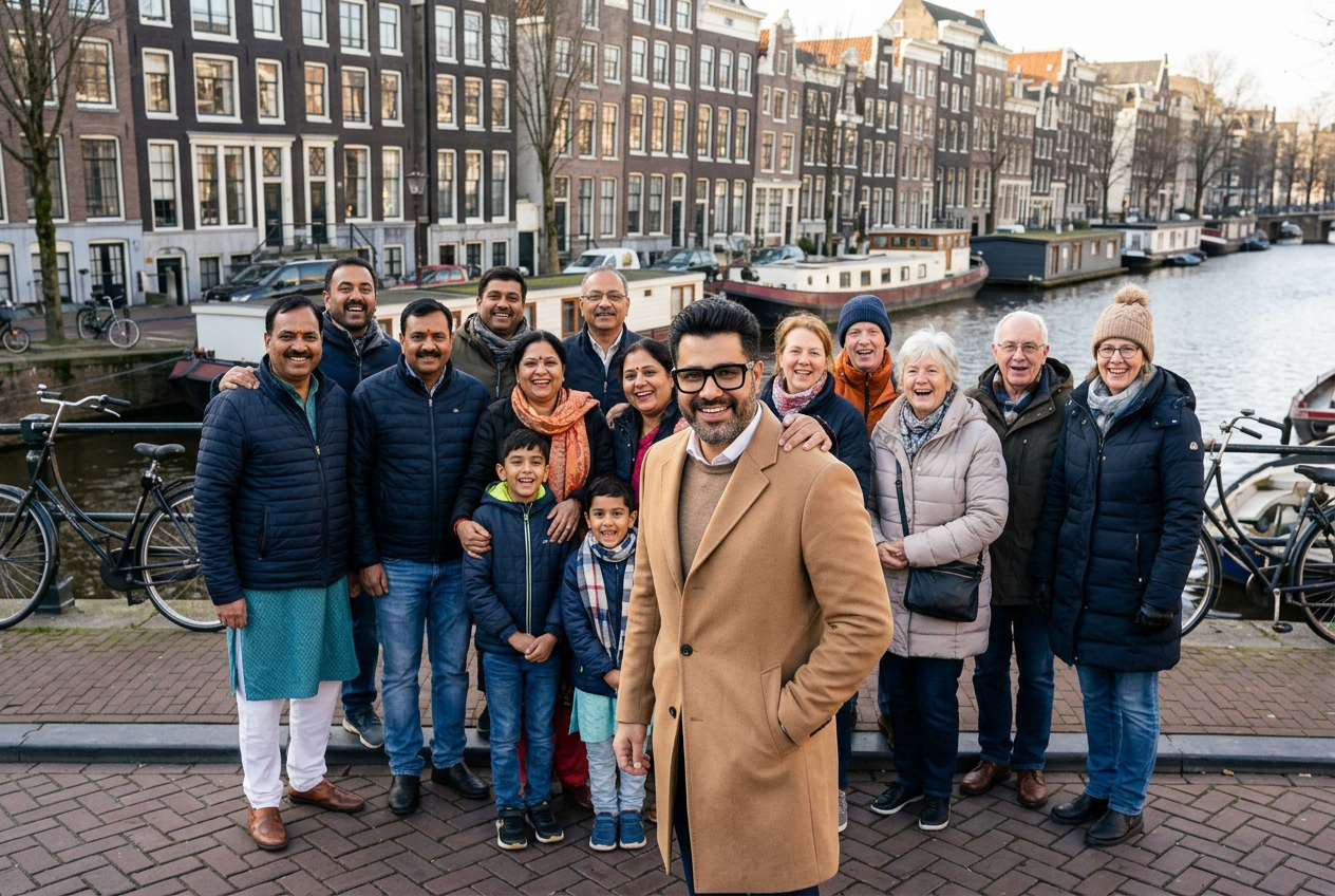 Shivam with a group of Indian and Dutch travellers in Amsterdam
